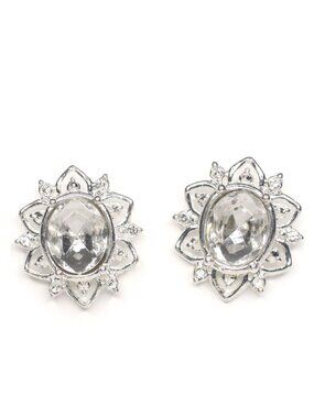 Vintage Avon NRT Silver Tone Faux Diamond Stud Earrings Clear Crystal Floral